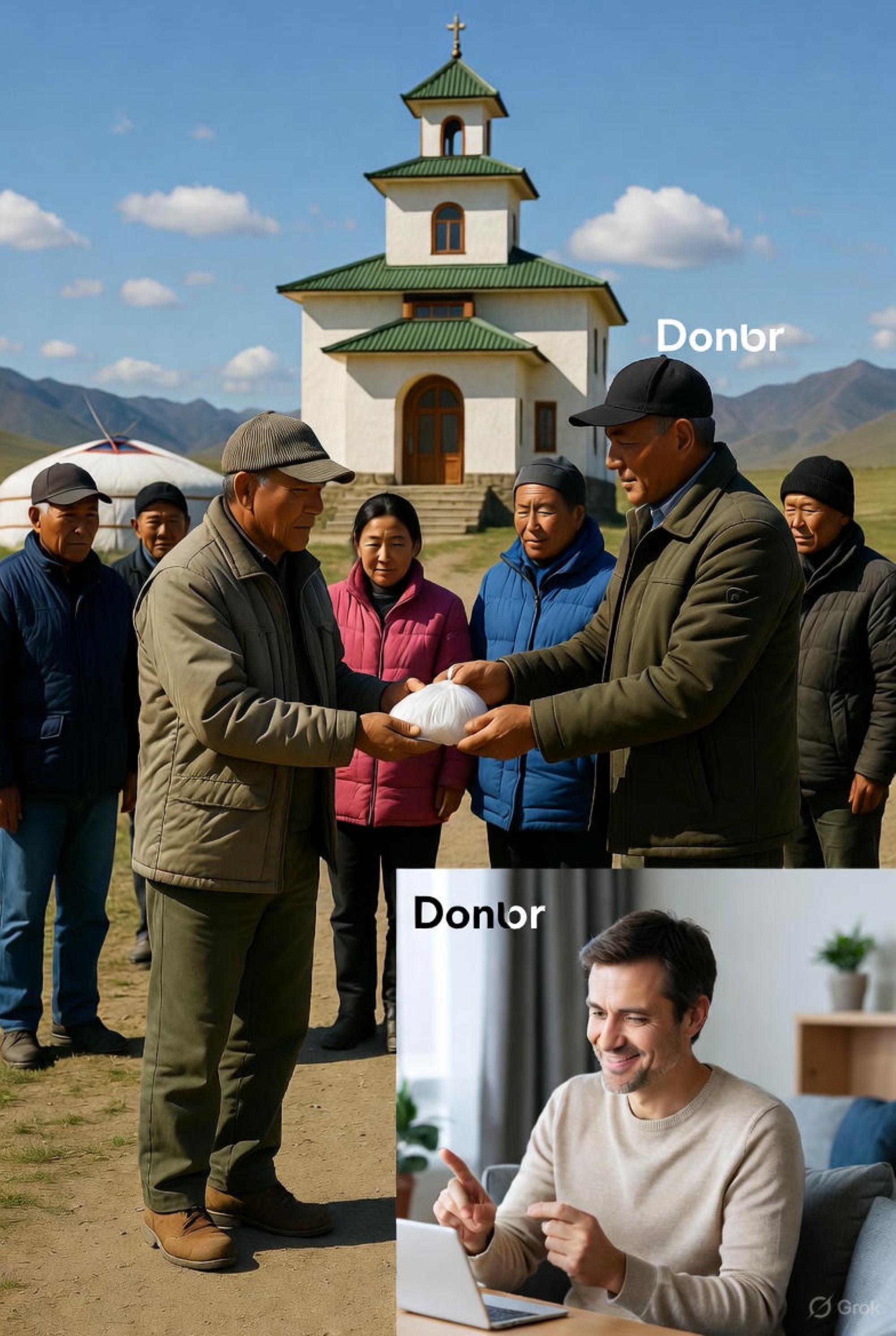 AI generert: Sammensatt bilde av mennesker fra Mongolia som gir gaver av det de har og en nordmann som sitter på pc å styrer økonomien sin derifra, og følger opp sine midler og hva det går til via skjerm.