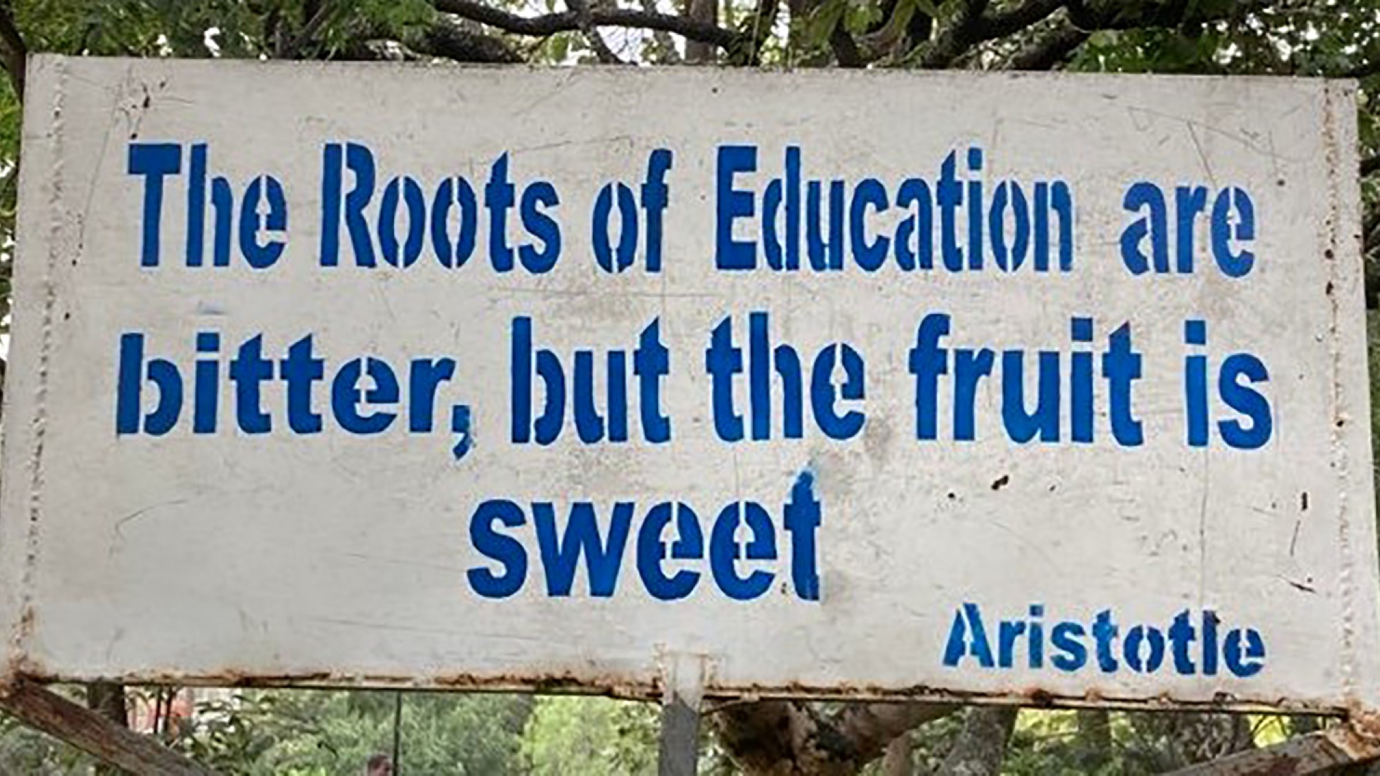 Skilt med teksten "The roots of education are bitter, but the fruit is sweet." Sitat av Aristoteles.