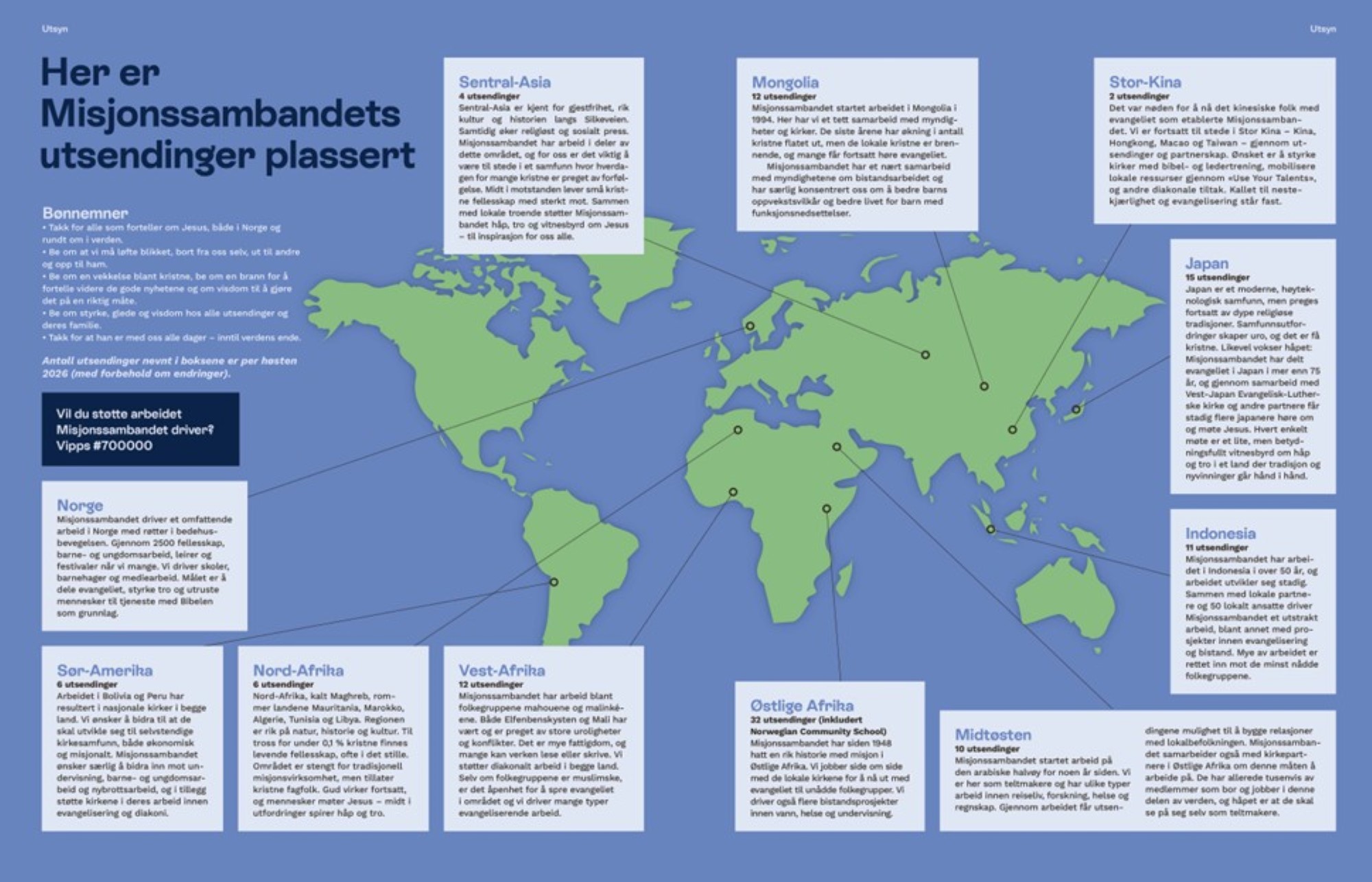Bilde av verdenskart som viser hvor Misjonssambandet har utsendinger
