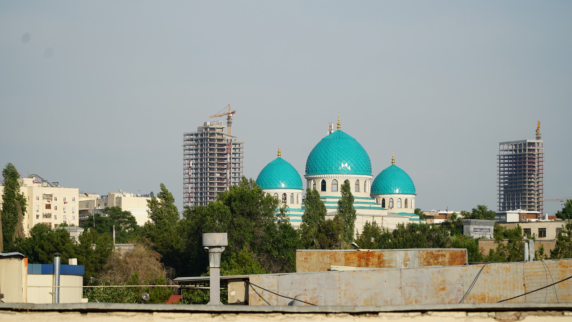 Utsikt over by med moske