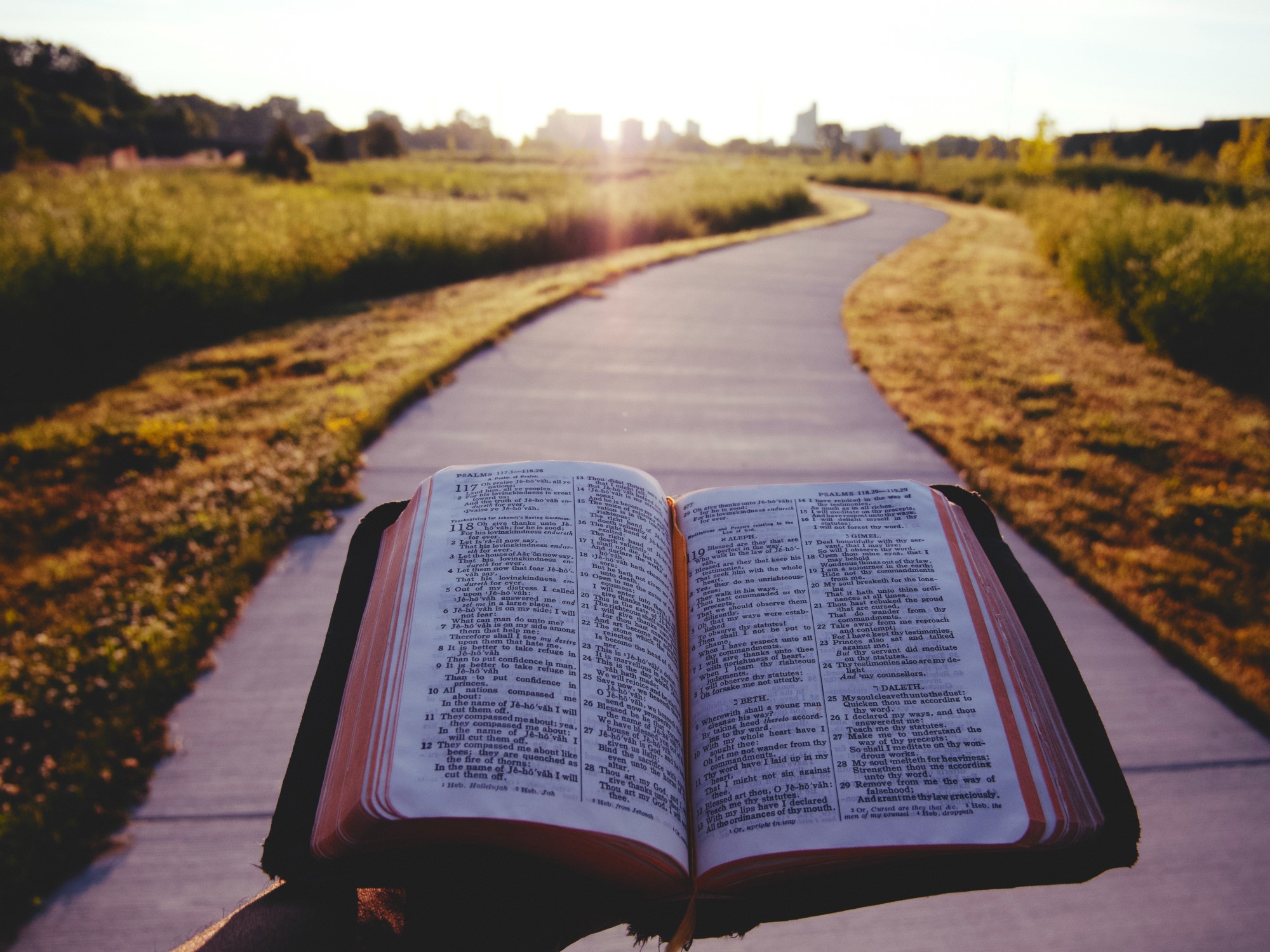 En hånd holder en oppslått Bibel foran en svingete vei