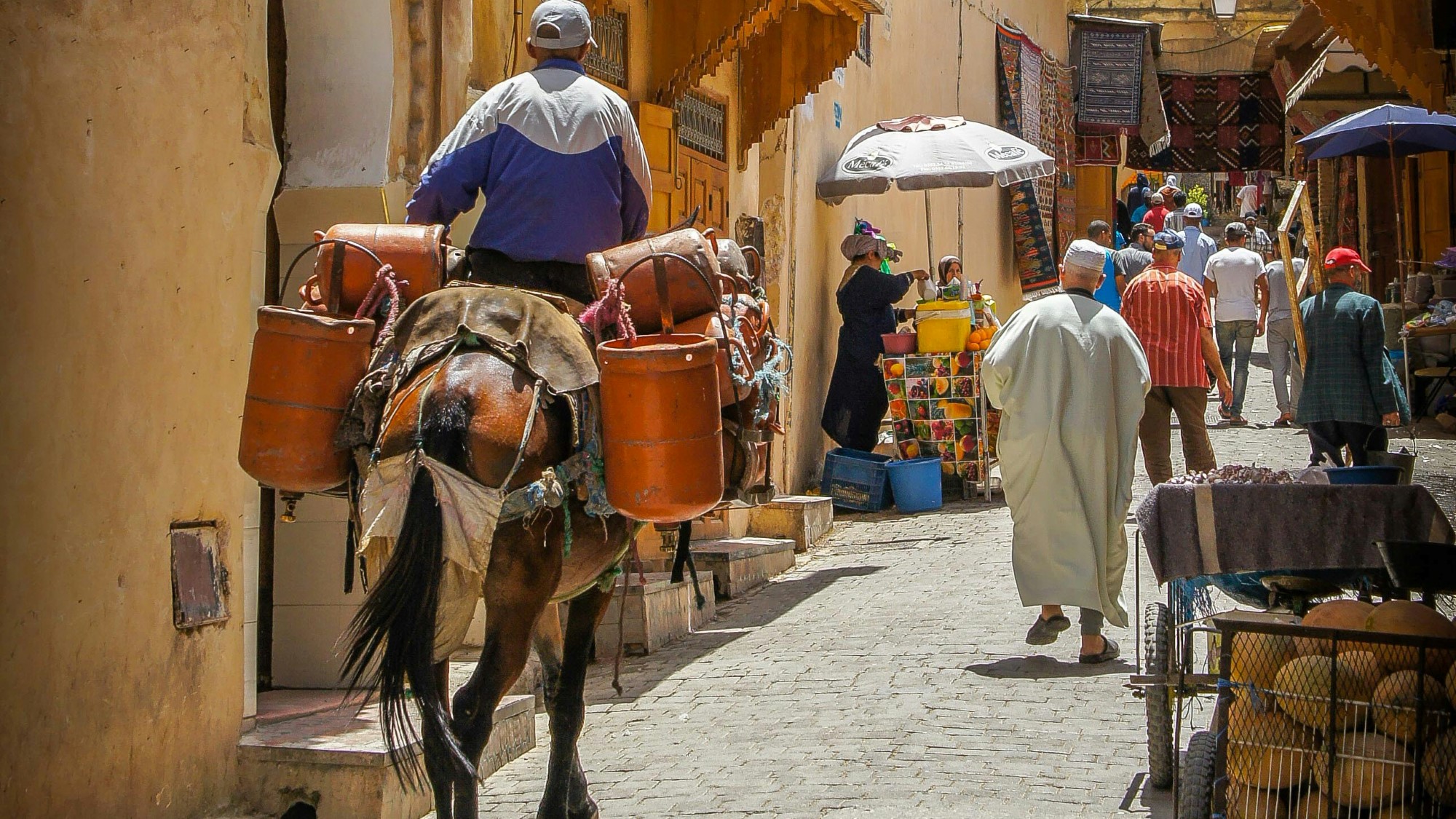 Folkeliv og esel i gate