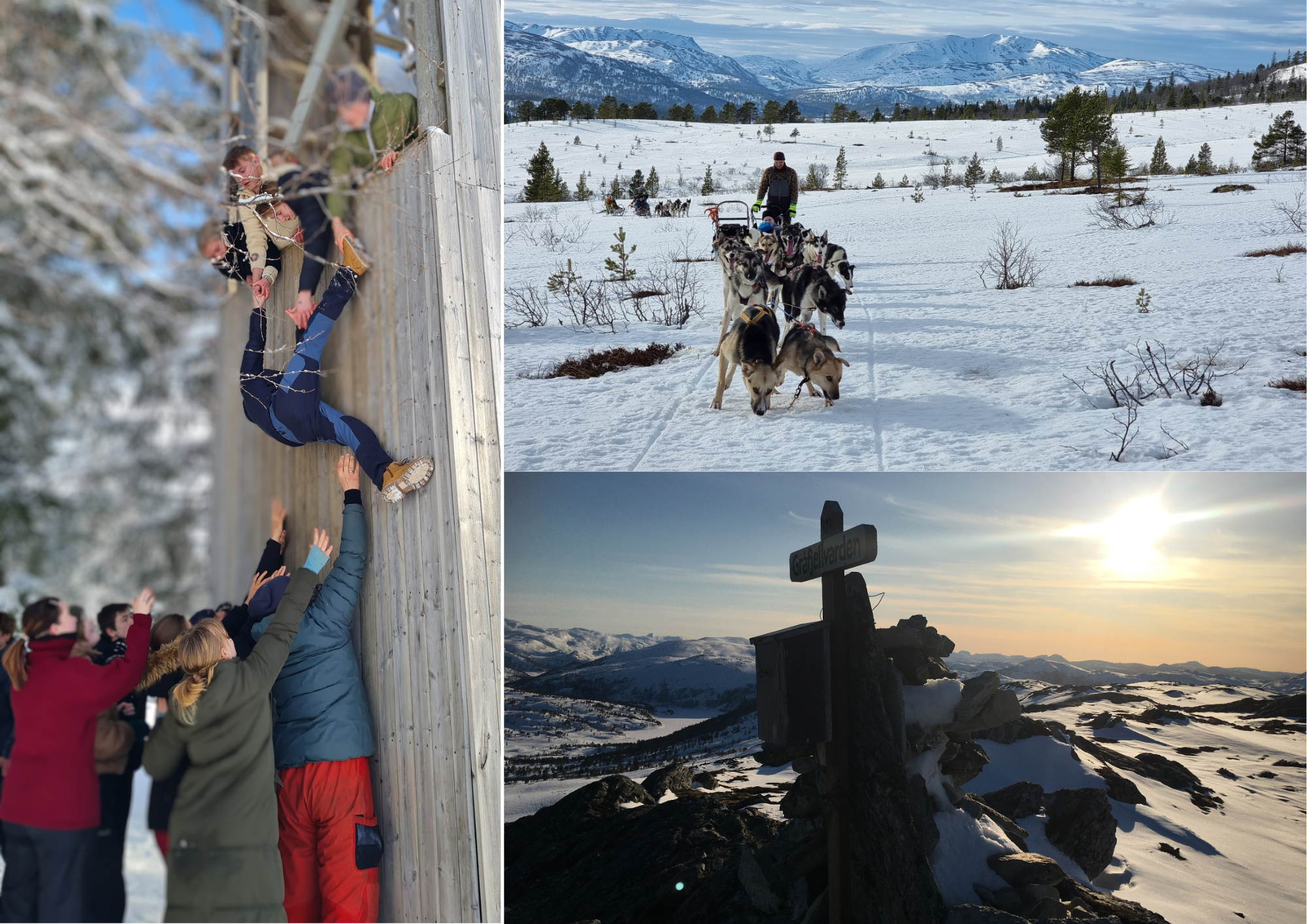 3 bilder fra Søvassli leirsted som viser hundekjøring, varde på snøkledd fjelltopp, ungdom som  bedriver teambuilding i klatrevegg