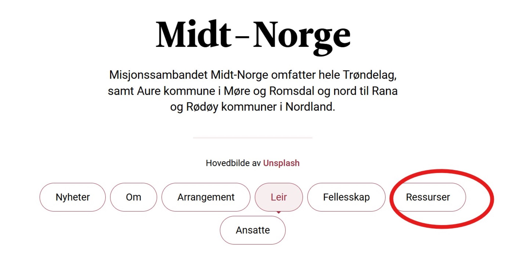 bilde av regionens nettside, men ring rundt "Ressurser"