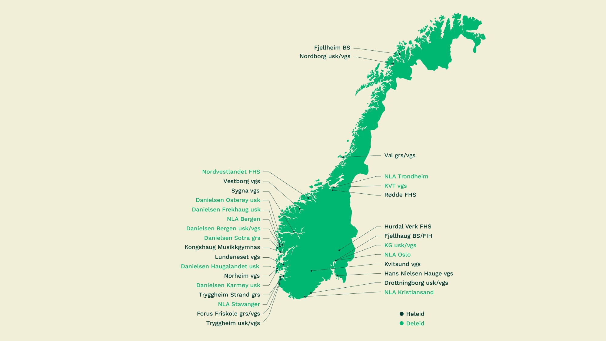 Kart over Norge med skolene markert