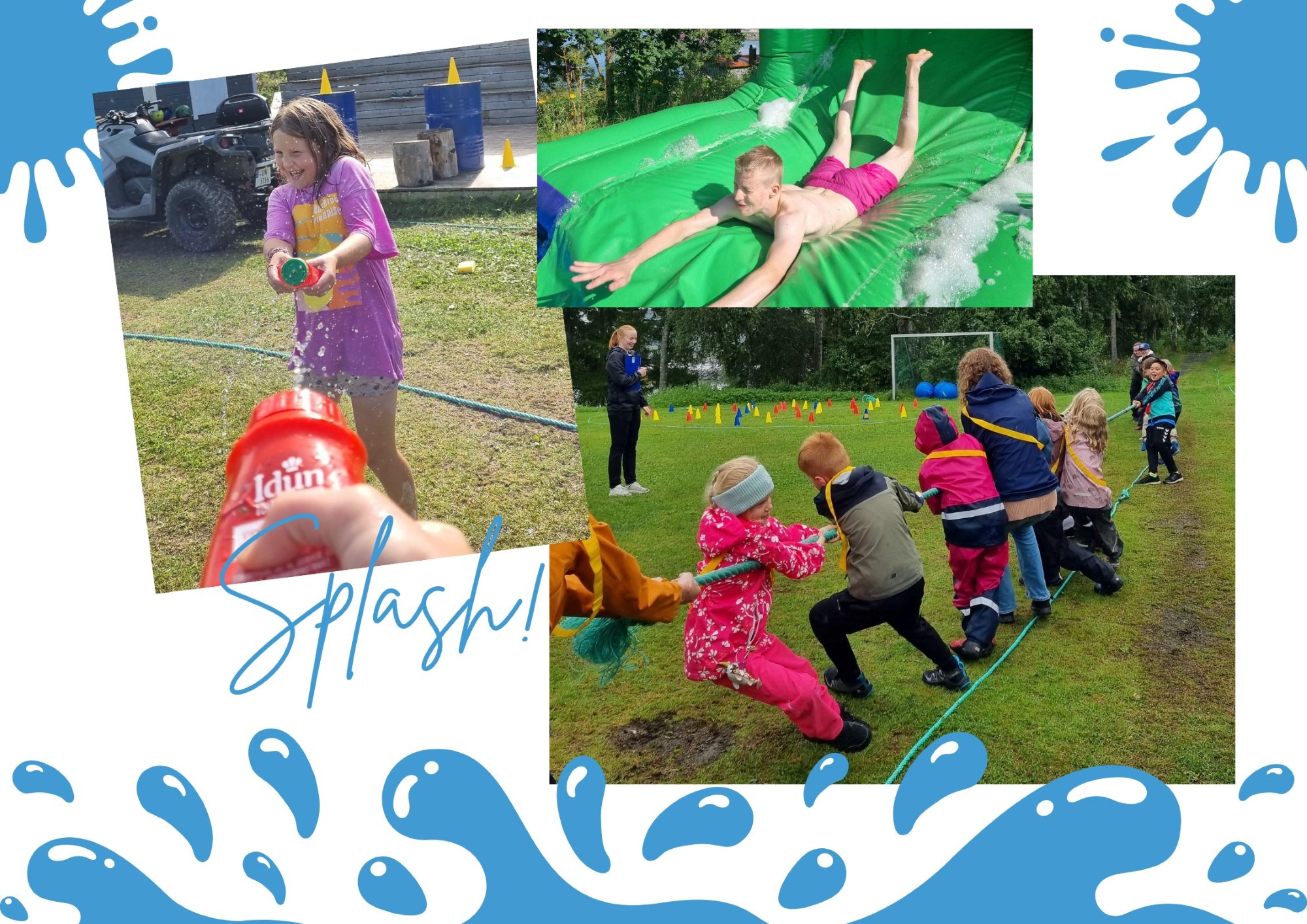 Montasje med fargerike bilder fra sommerleir med sol