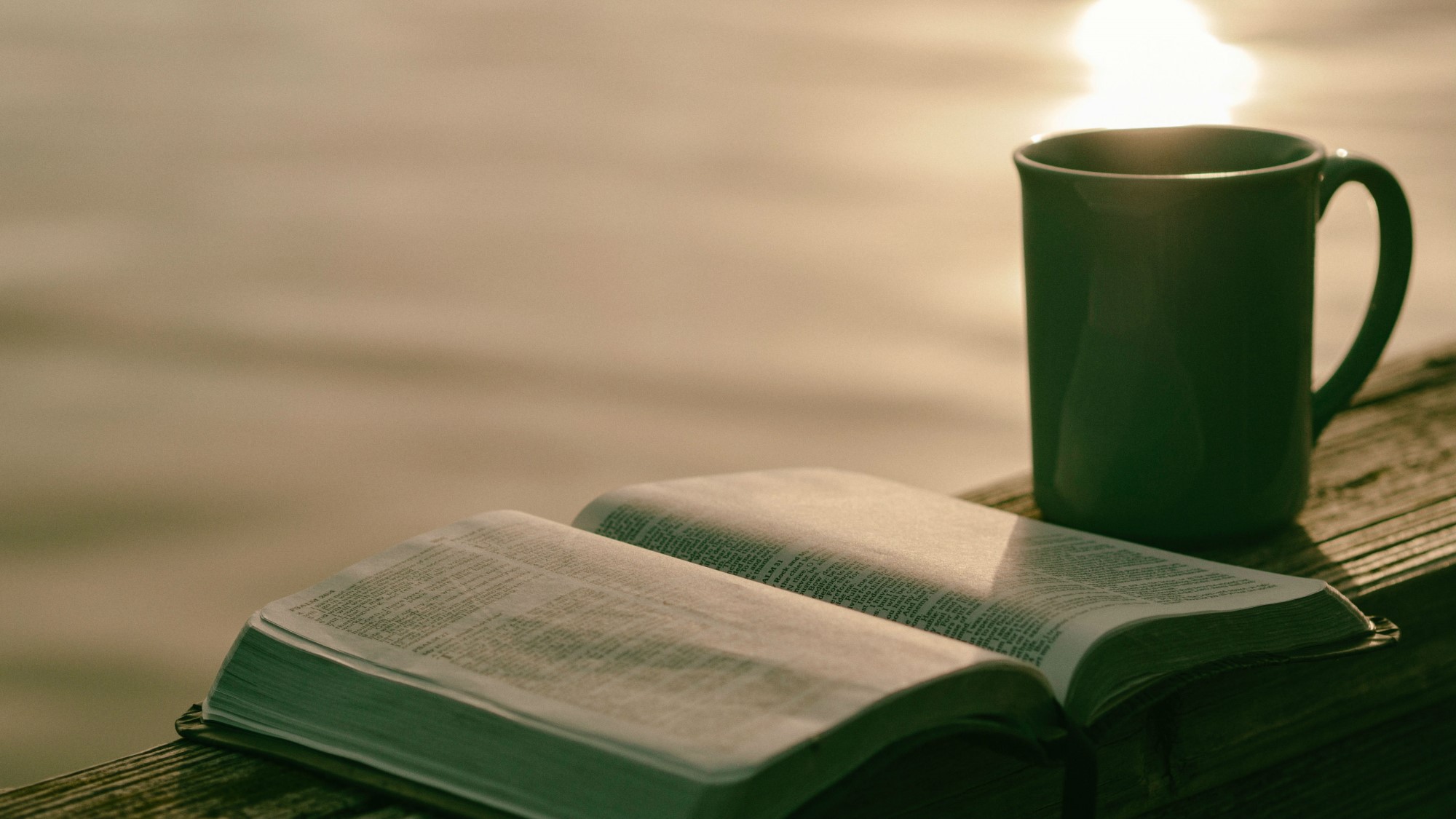 En kopp og en bibel på brygga