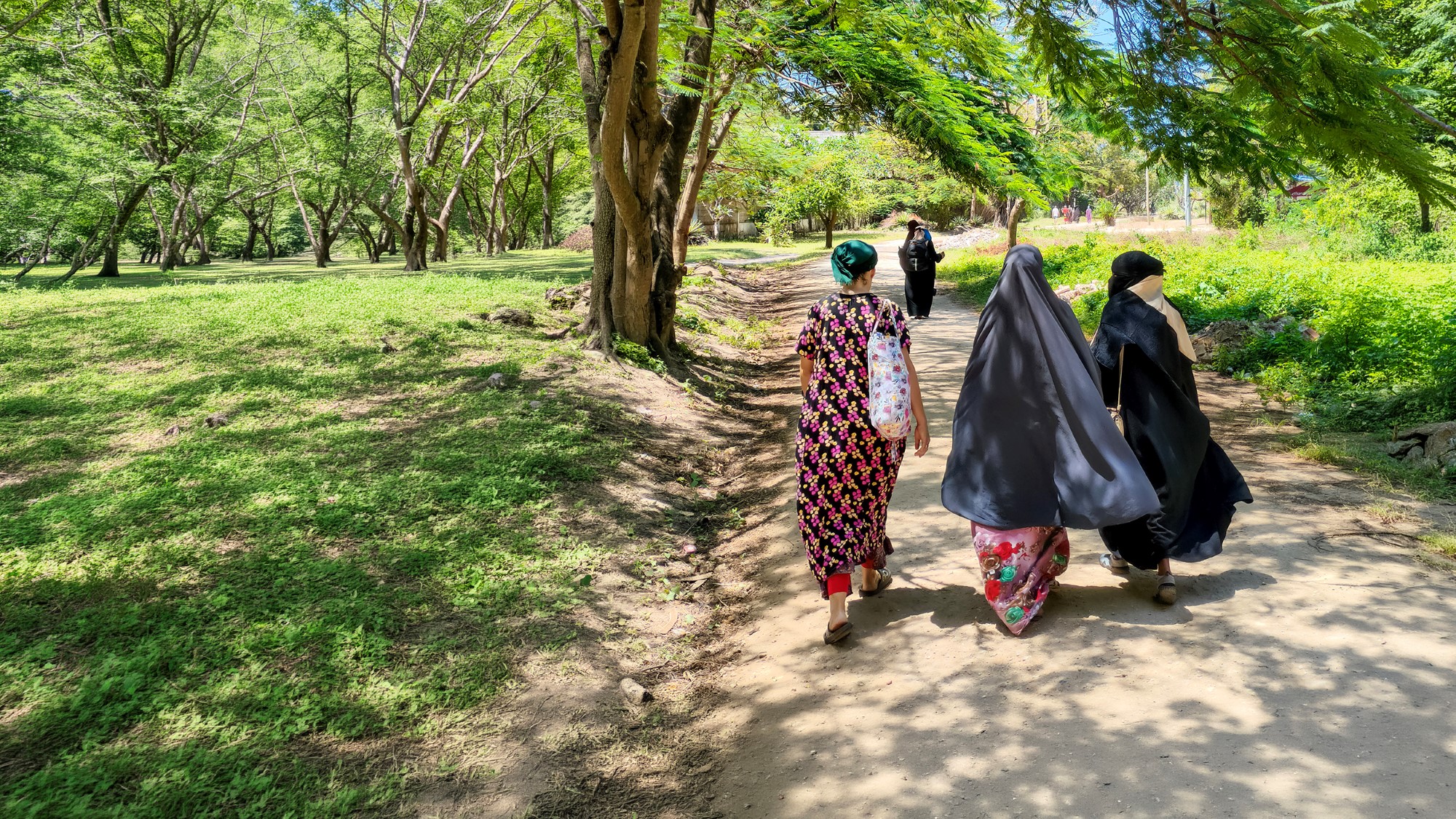 Kvinner i kjortel går på vei i grønt landskap