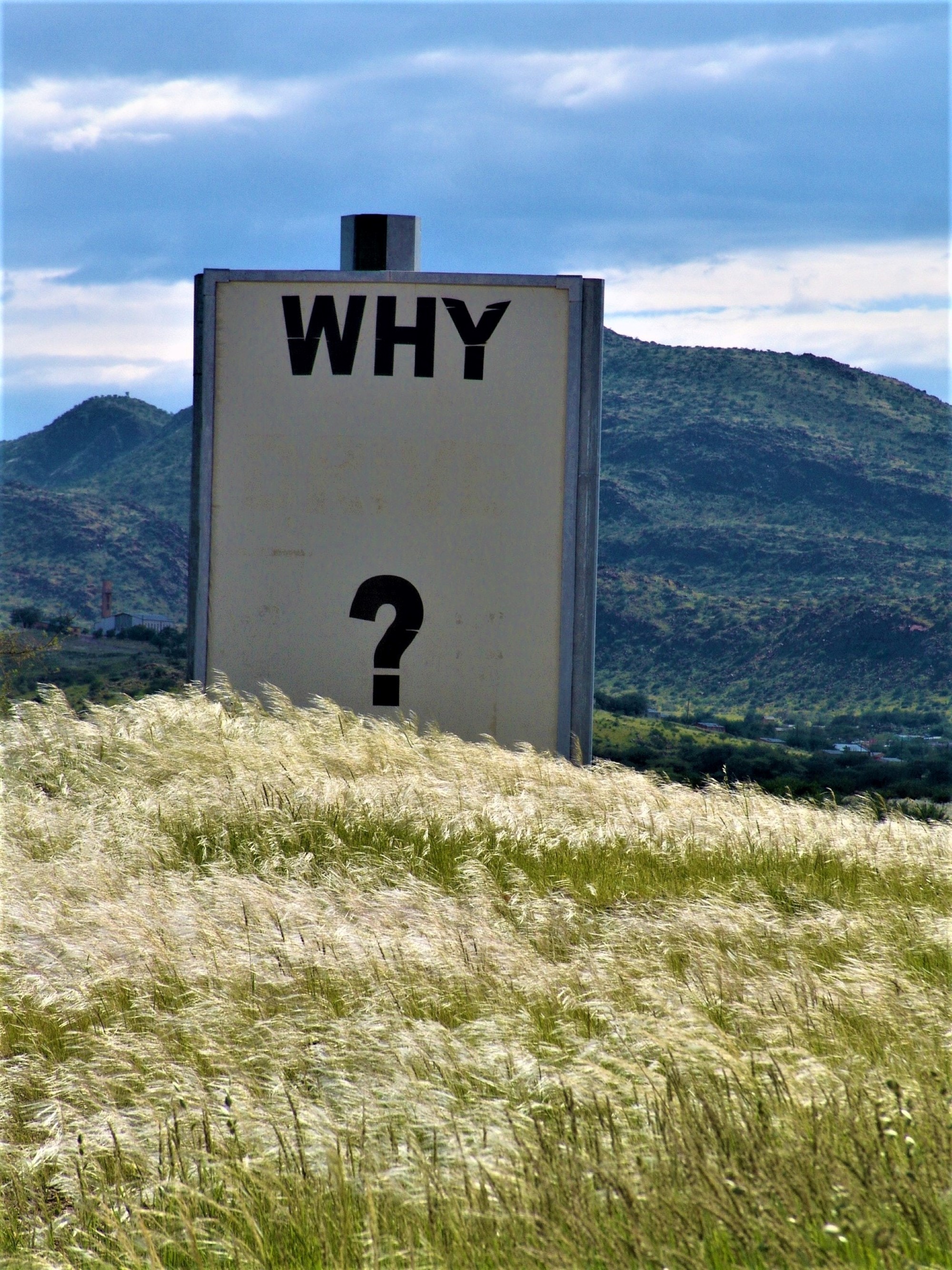 En plakat med spørsmålstegn plassert i et landskap