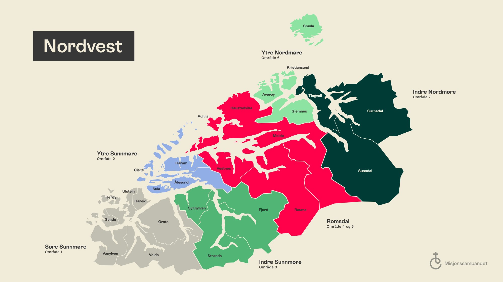 Region nordvest med områdeinndeling