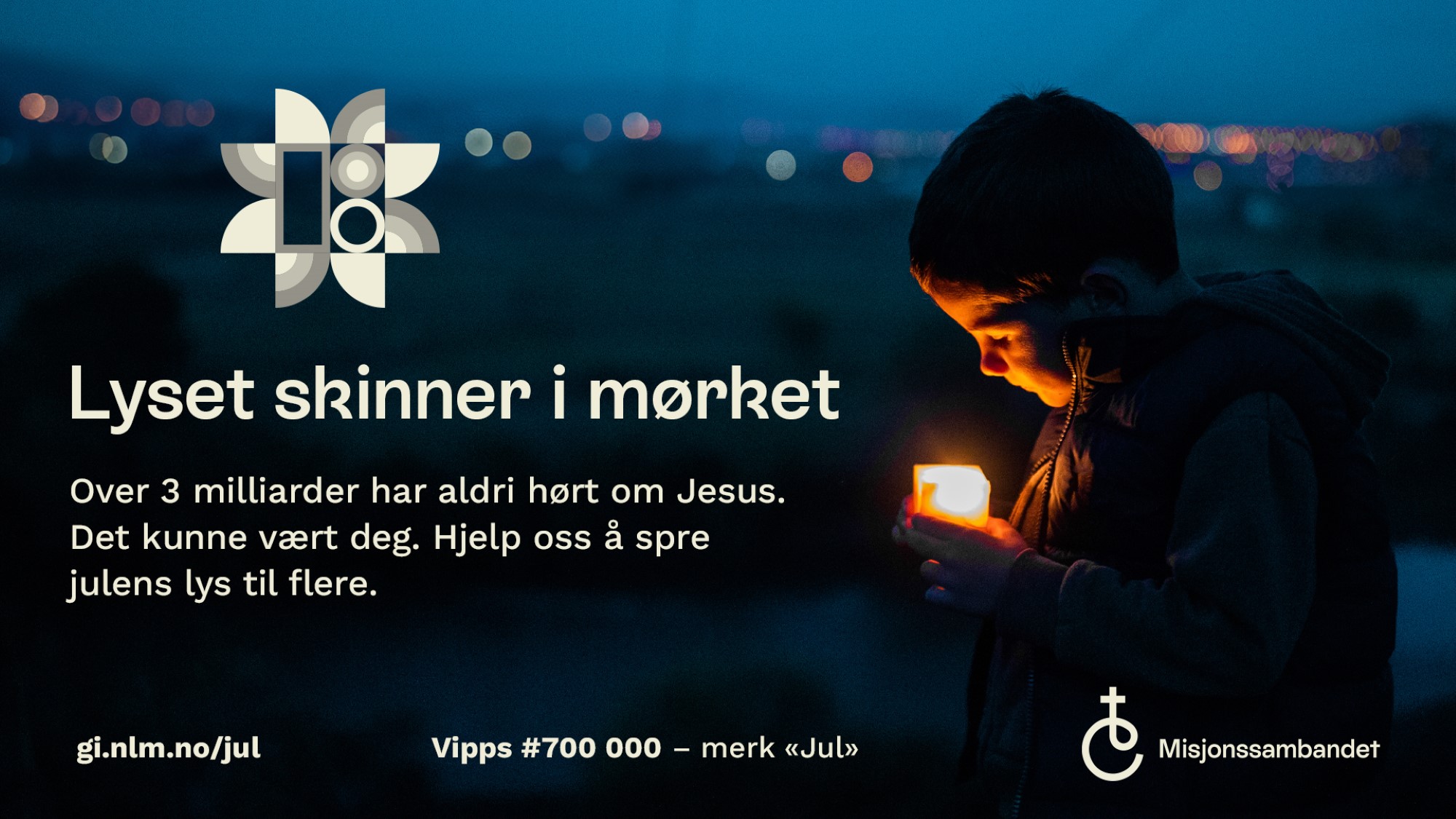 Liggende plakat Bilde av gutt med lys og teksten "Lyset skinner i mørket"